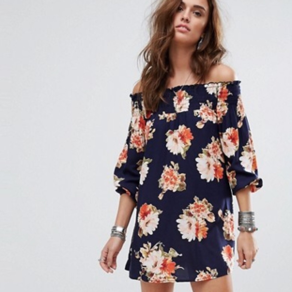 Band Of Gypsies Bardot Floral Printed Smock Dress